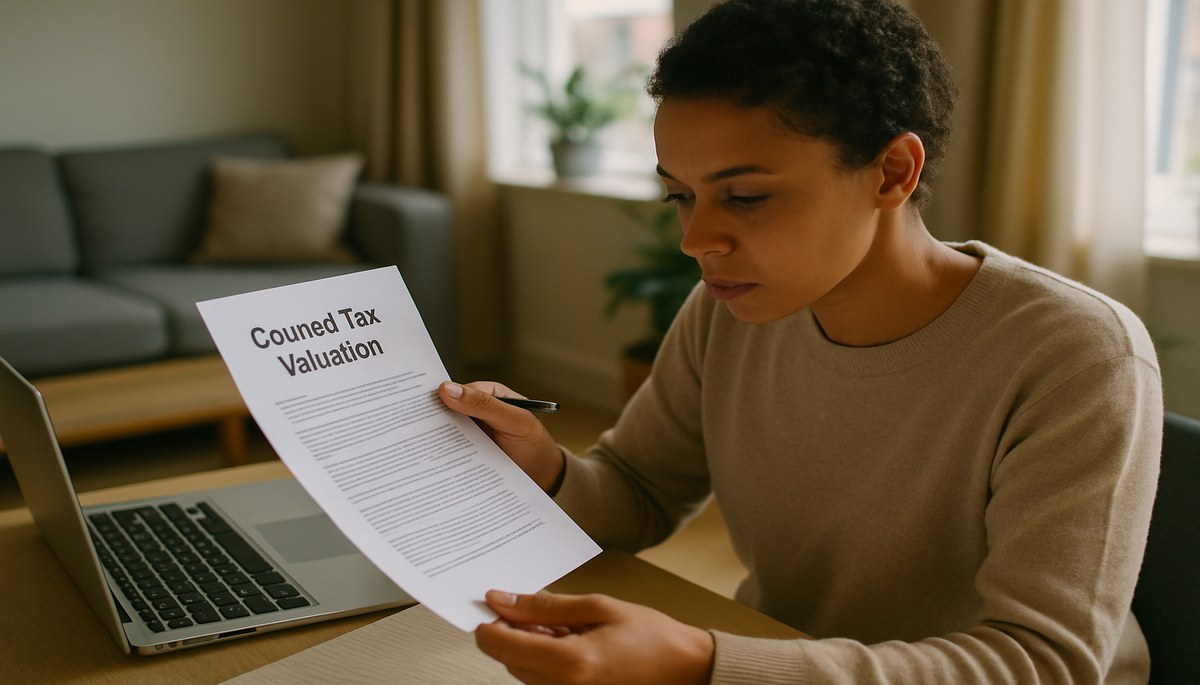 A person at a home desk reviewing a council tax banding letter and comparing it with a neighbour's bill, representing the process of appealing a council tax band in the UK in 2026.